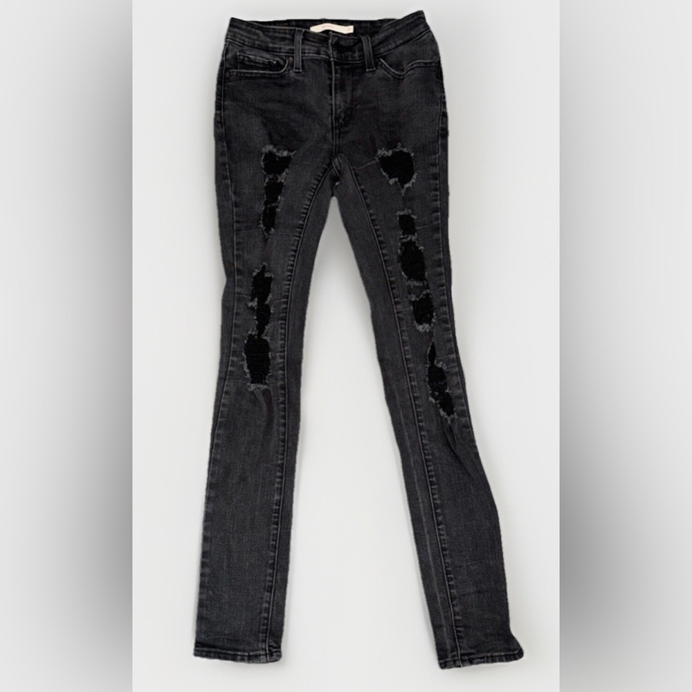 Levi's 711 Skinny Jeans Size 25 Womens Black Denim Distressed Grunge Y2K